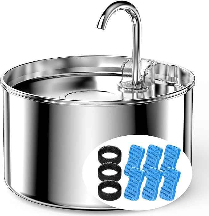 Cat Water Fountain Stainless Steel + 6 Filters + 3 Sponges - Pet Water Fountain 24/7 Keep The Water Fresh 74oz Capacity Ul...