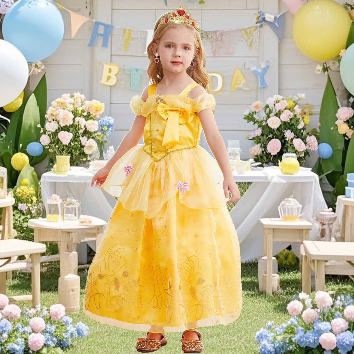 Luzlen Princess Costume for Girls Kids Belle Dress Halloween Cosplay Party Outfit Toddler Princess Dress Up, 5-6 Years(Label 130)