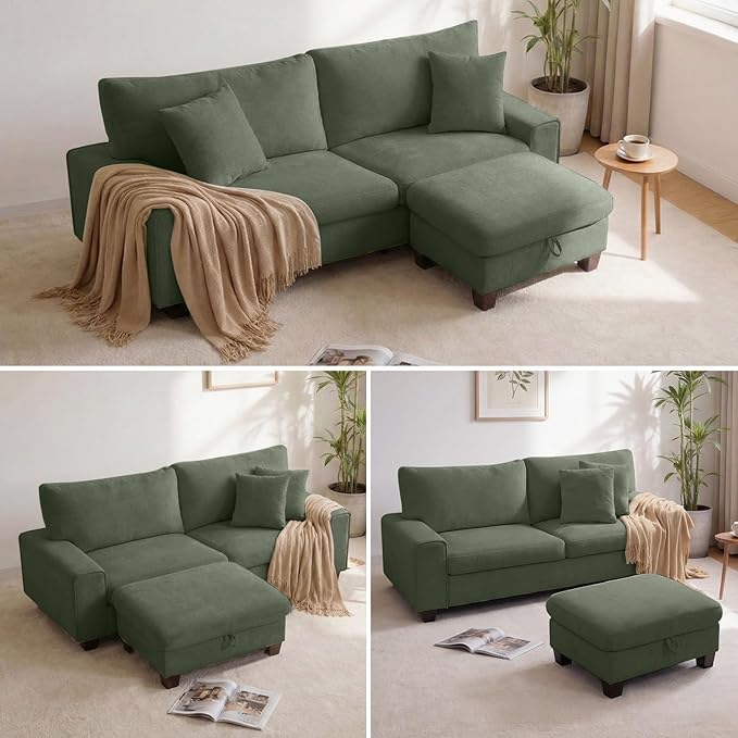 DOPEDIO L-Shaped Sectional Sofa with Storage Ottoman, Modern Chenille Recliner Loveseat, Removable Couch Covers, Pocket Spring Cushions, Solid Wood Frame, Easy to Install (88.58inch, Green)