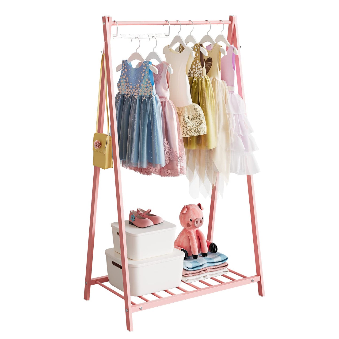 Bestier Kids Clothing Rack - Kids Costume Garment, Bottom Storage Shelf, Small Metal Dress Up Rack for Baby, Toddler, Children, Girls - Pink