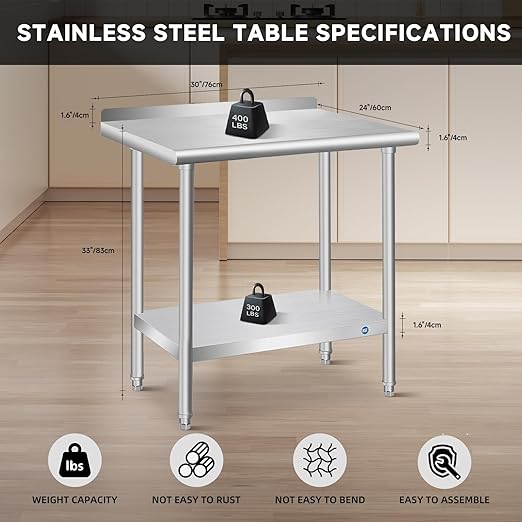 PIUMACU Stainless Steel Table 24 x 30 Inch, Stainless Table for Food Prep, Commercial NSF Metal Table for Restaurant Kitchen Hotel Garage (+ Backsplash)