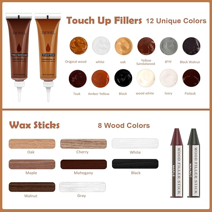 DEWEL Wood Furniture Repair Kit, 31 Pcs Scratch Repair Wood Filler, Wax Sticks with Wood Putty for Wood Floors, Scratches, Cracks, Hole, Laminate, Table, Bedposts