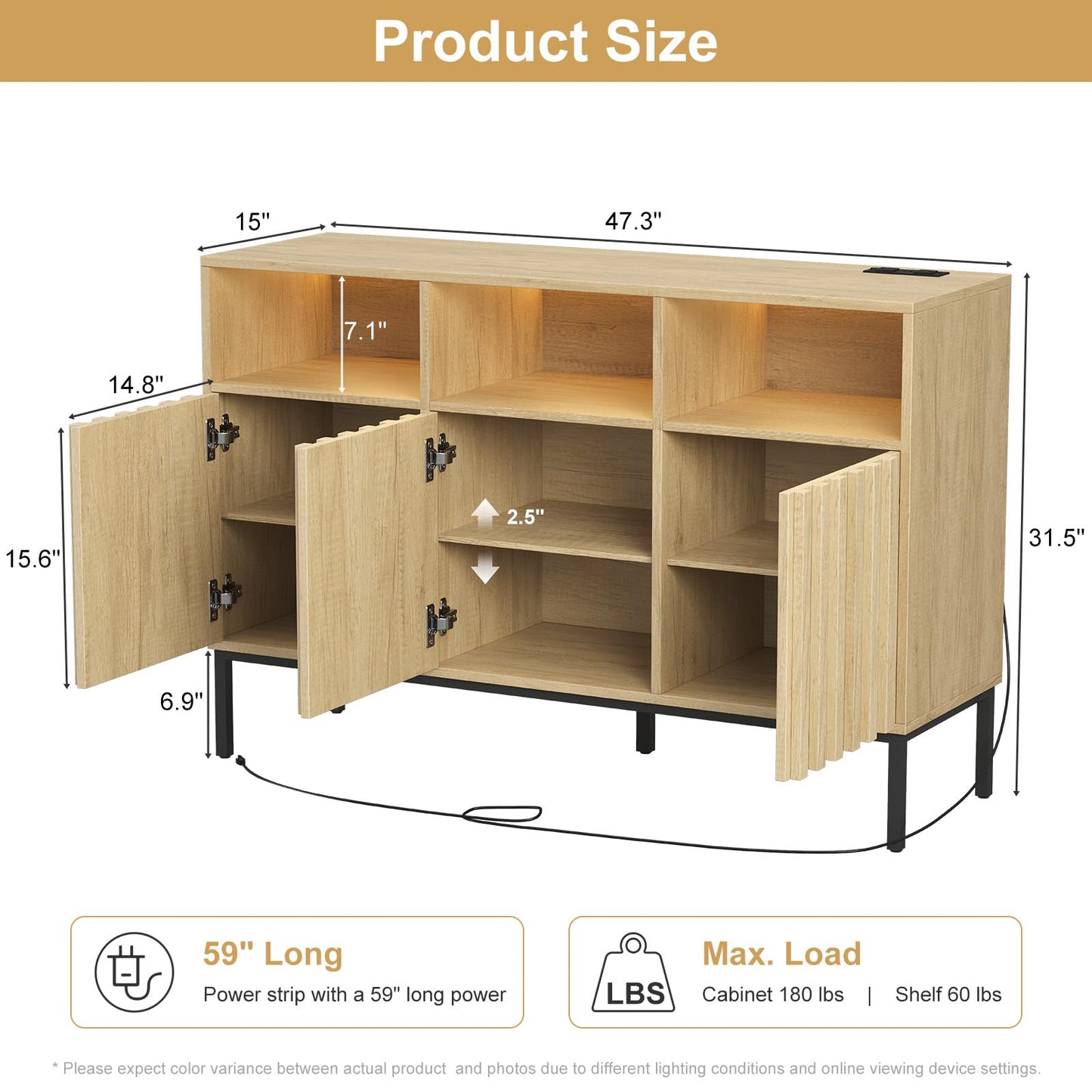 Svimi Oak Multifunctional Storage Cabinet with Charging Station, LED Light, 15"D x 47.2"W x 31.4"H, Beige, Ideal for Kitchen, Entryway, Office