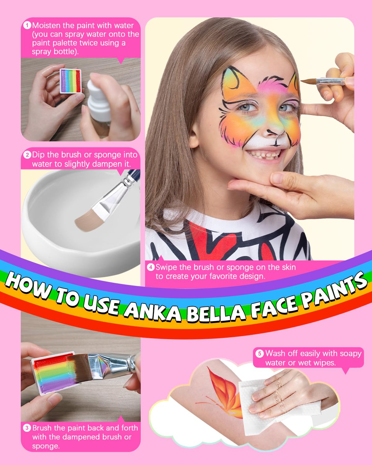 Anka Bella Professional Face Painting Kit for Kids,12X10gm Water Based Split Cake Face Paint with Stencil & Brushes,Hypoallergenic & Non-Toxic,Gift for Birthday Parties/Halloween/Carnival