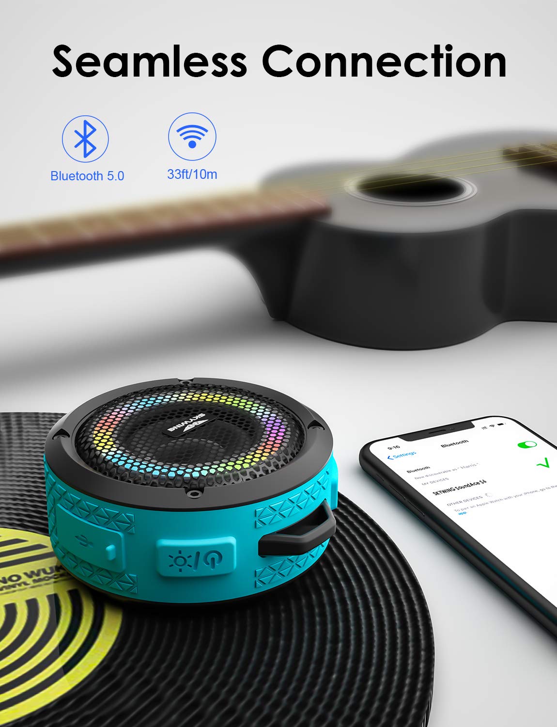 SKYWING Soundace S6 IPX7 Waterproof Shower Speaker 5W Bass+ Bluetooth with Suction Cup Hook Lanyard RGB Light, Premium Mini Portable Outdoor Wireless Speaker for Bike Pool Beach