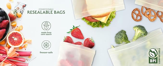 Earth's Natural Alternative Compostable Food Storage Bags, Reusable, Heavy-Duty | Resealable | Freezer Safe | Off-White | Pack of 6