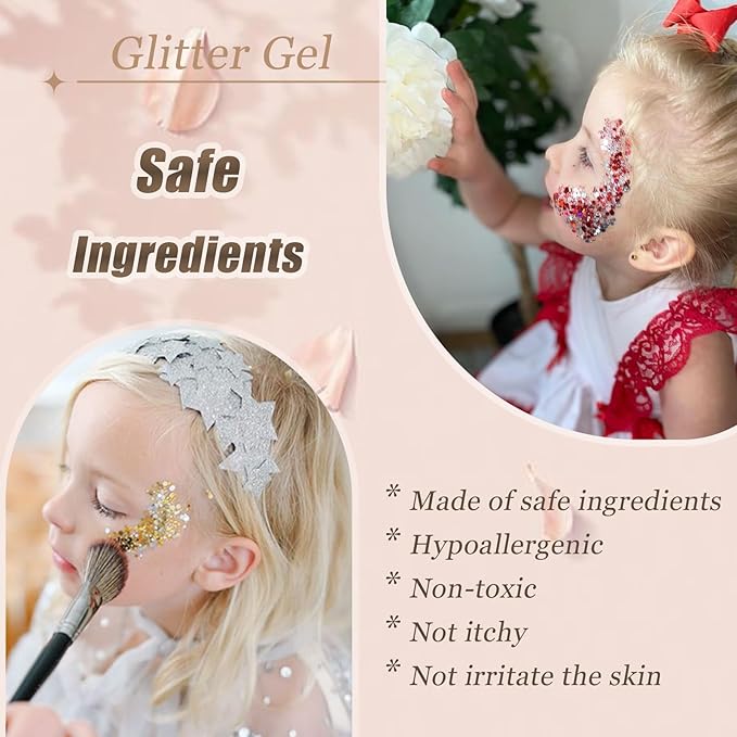 Face Body Glitter, Hair Glitter Sparkles Chunky Face Glitter Gel for Girls Makeup Singer Concerts Mermaid Festival Sequins Face Paint (White+Silver+Pink+Red+Green)