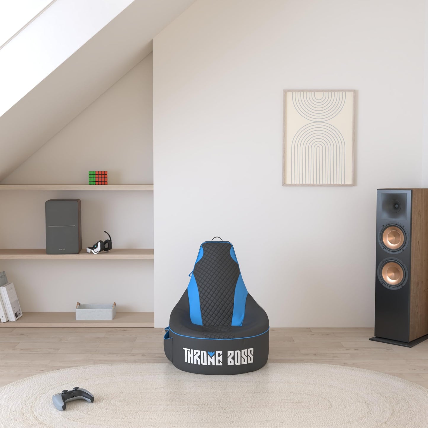 Throne Boss Gaming Bean Bag Chair for Kids [Cover ONLY No Filling] - High Back Beanbag for Boys, Girls, and Gamers with Cup Holder (Black/Blue)