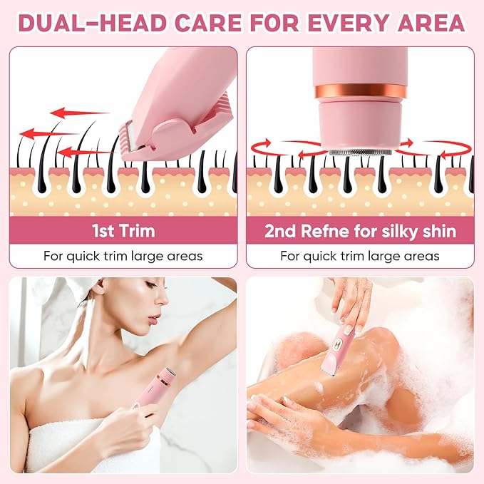2 in 1 Women Electric Shaver Dual Head Bikini Trimmer for Women IPX7 Waterproof Wet & Dry Use Body Hair Trimmer and Facial Hair Remover for Bikini Underarm Leg Arm Body Face