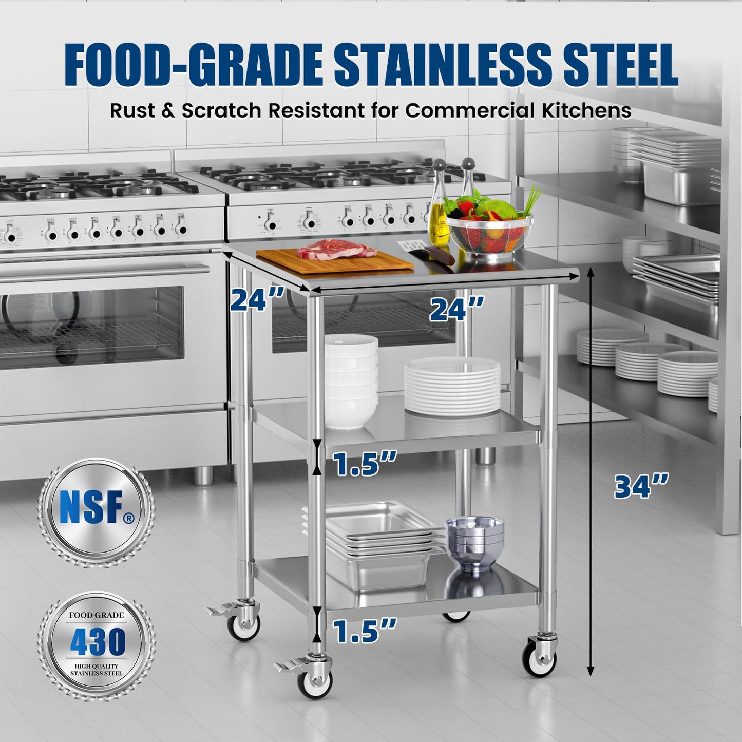Chingoo Stainless Steel Work Table with Wheels, 24x24 Inch NSF Kitchen Prep Table with 2 Adjustable Undershelves for Commercial Restaurant, Garage, Outdoor BBQ