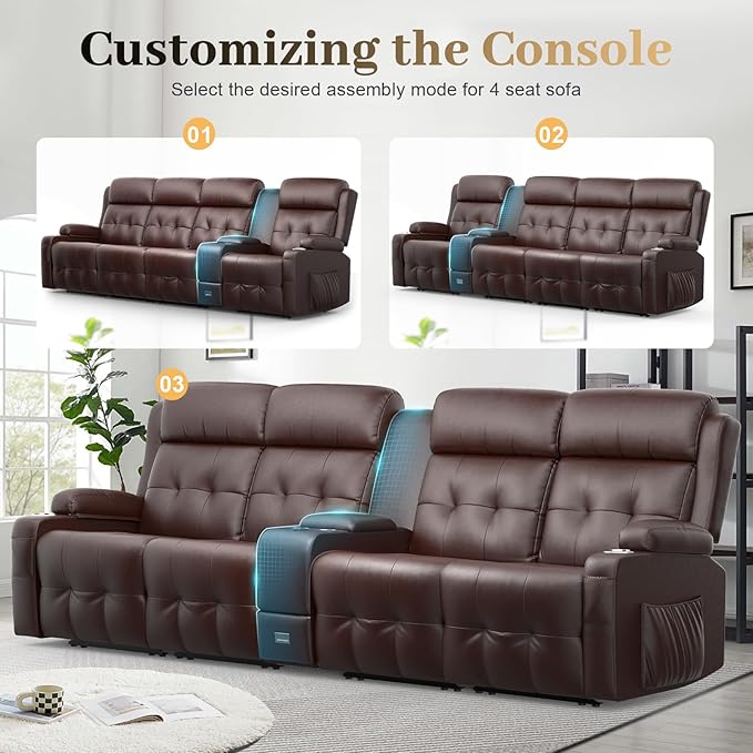 Aotolo Recliner Sofa, Massage Reclining Sofa 4 Seater Sets Heavy Weight Capacity, RV Loveseat Couch Clearance with Console, USB, Type C Port, Storage, Cup Holders, Wall Hugger Chair for Living Room
