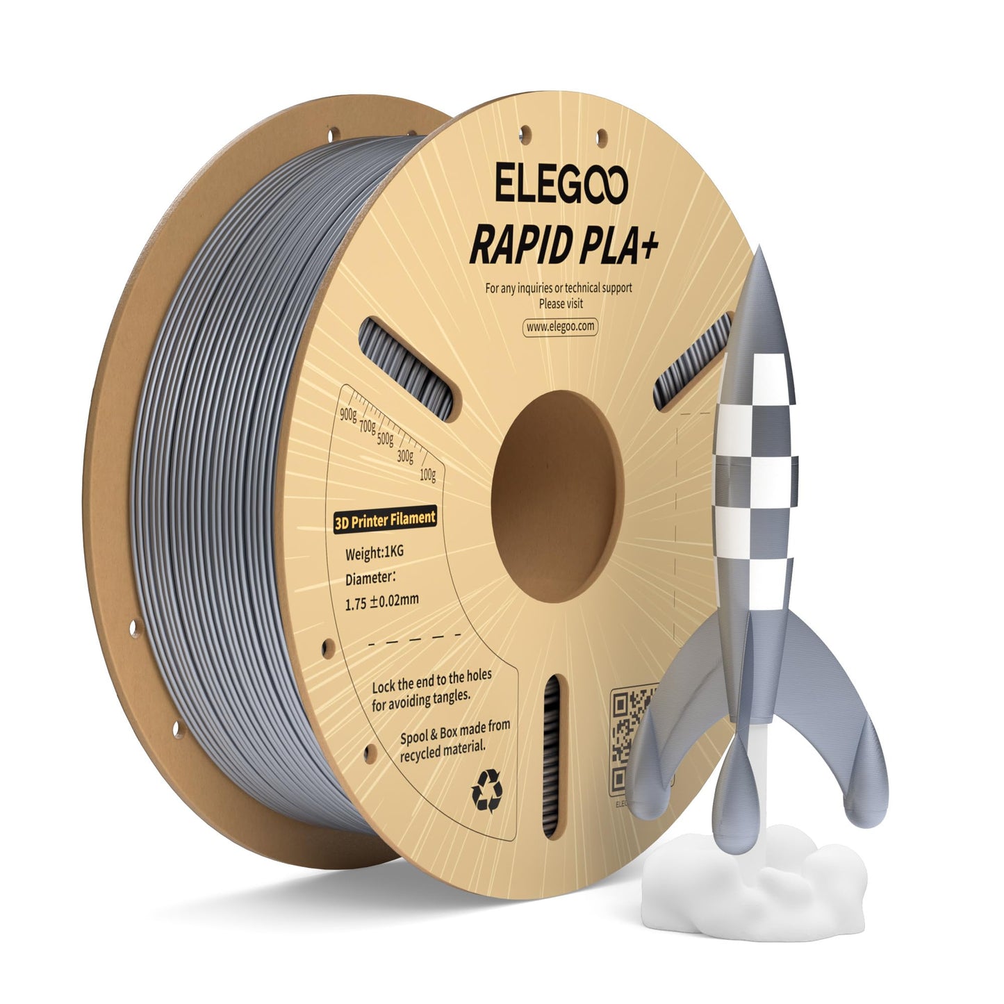 ELEGOO Rapid PLA Plus Filament 1.75mm Silver 1KG, PLA+ 3D Printer Filament for 600 mm/s High Speed Printing, Dimensional Accurac