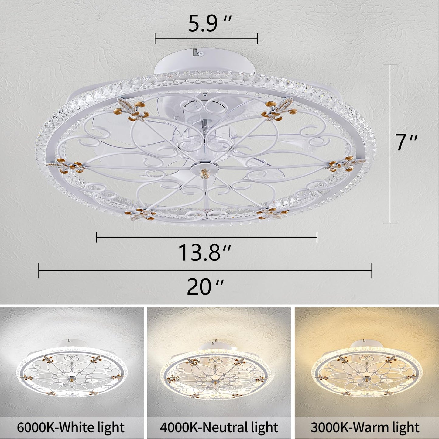 Huixute 20 White Ceiling Fan With Lights Remote Control, 6 Speeds Retro Industrial Caged Ceiling Fan With Light For Kitchen Bedr
