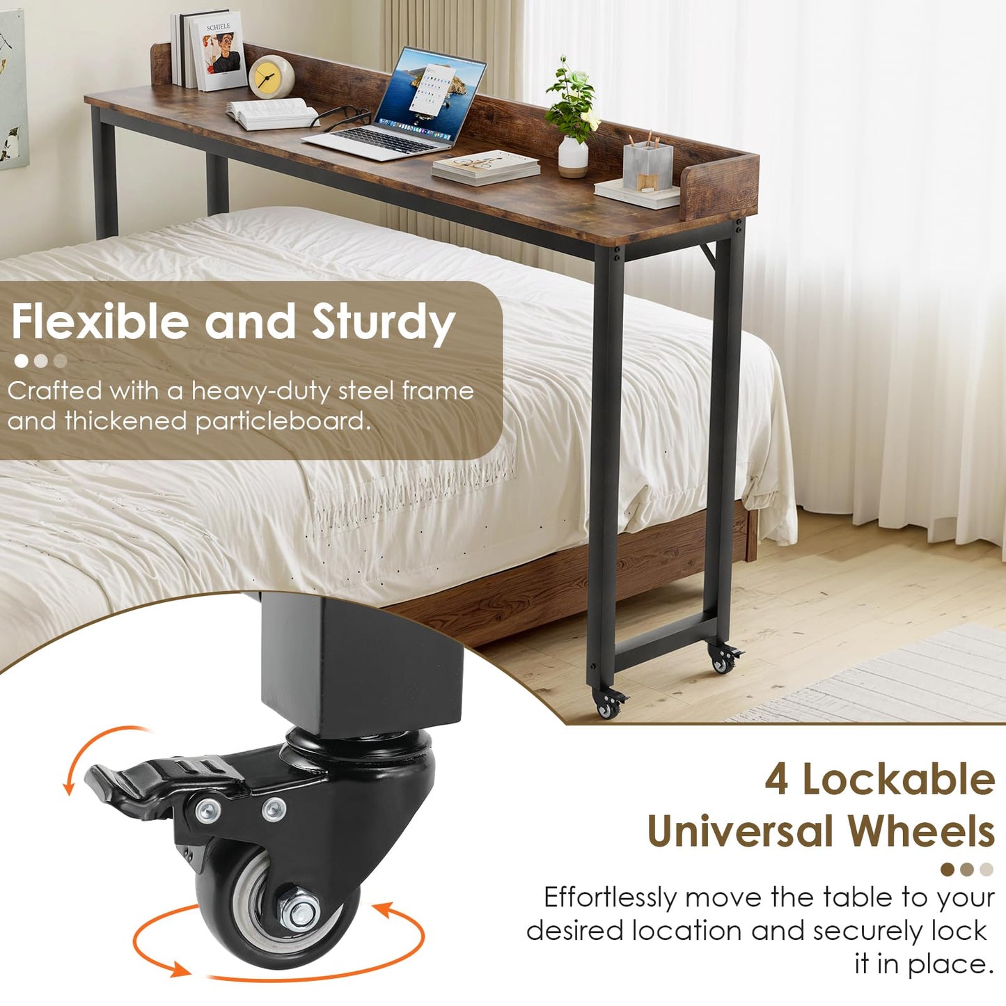 Clevich Overbed Table with Wheels, Queen Full Size Mobile Computer Desk, Standing Laptop Cart, Over Bed Table with Heavy Duty Metal Leg, for Bedroom 16" D x 71" W x 41" H (Brown)