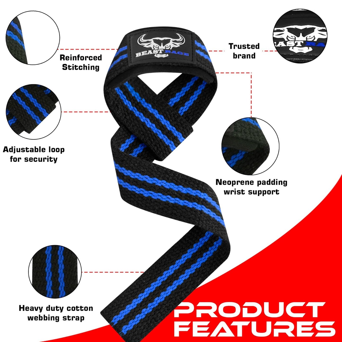 BEAST RAGE Lifting Wrist Straps for Weightlifting, Straps Gym Grip Power Workouts Lifting Straps Padded Cotton Men Women Wrap Lift, Deadlift Bodybuilding Weight Lifting Exercise Straps (Black/blue)