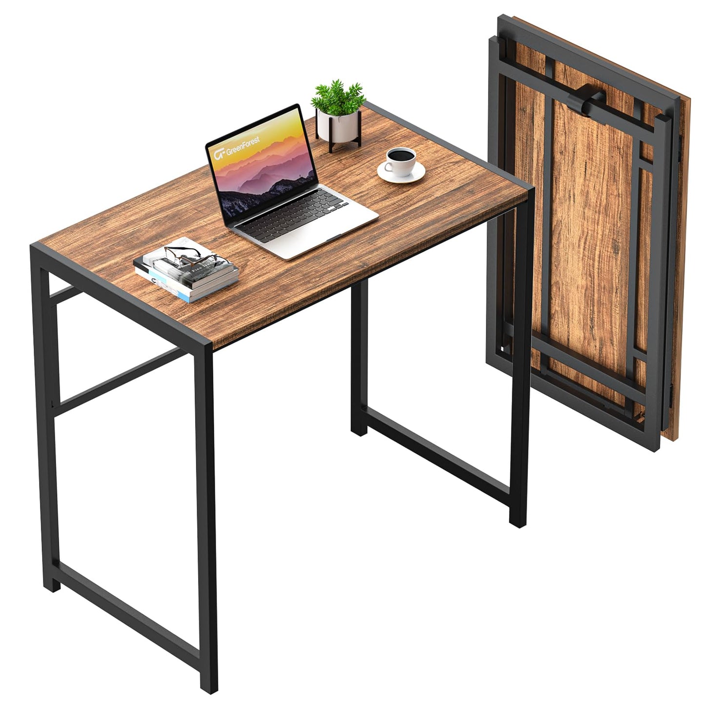 GreenForest Folding Desk No-Assembly,31.5 in Small Desk for Small Spaces Computer Desk for Home Office,Space Saving Foldable Table Study Writing Desk,Walnut