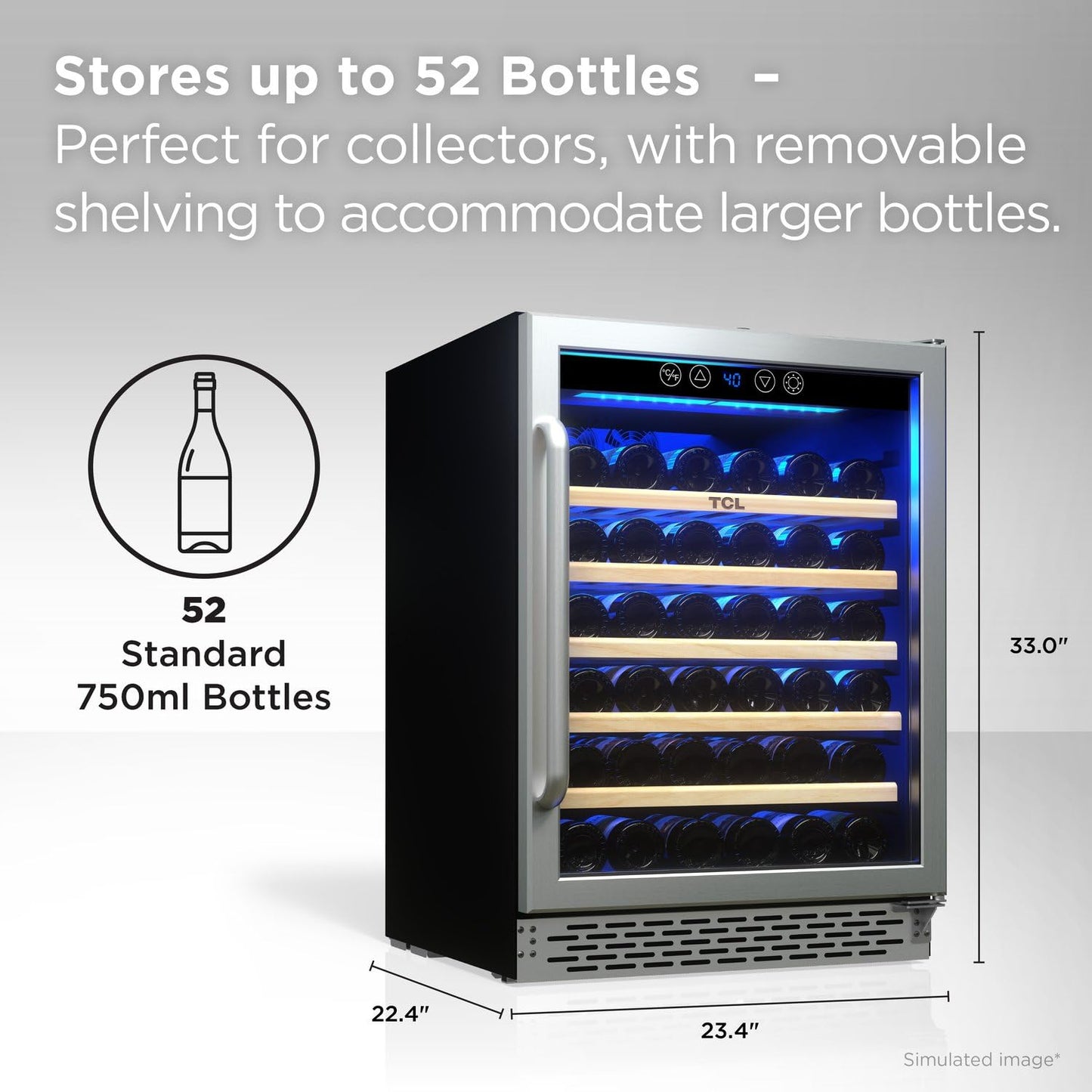 TCL 52 Bottle 5.3 Cu Ft Wine Cooler, Freestanding Mini Fridge with Glass Doors, Low Noise Operation, Digital Controls & LED Lighting
