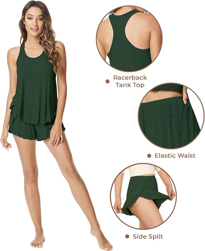 NACHILA Pajamas for Women-Viscose from Bamboo, Ribbed Racerback Tank Top Sexy Split Shorts Pajama Sets Cooling Sleep Cami Pjs