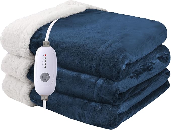 Heated Blanket Electric Blanket Full Size 72''x84'' with 5 Heating Levels, 10 Hour Auto Shut Off, Machine Washable, Flannel & Sherpa Soft Warming Blanket for Couch, Bed, Office - Navy Blue