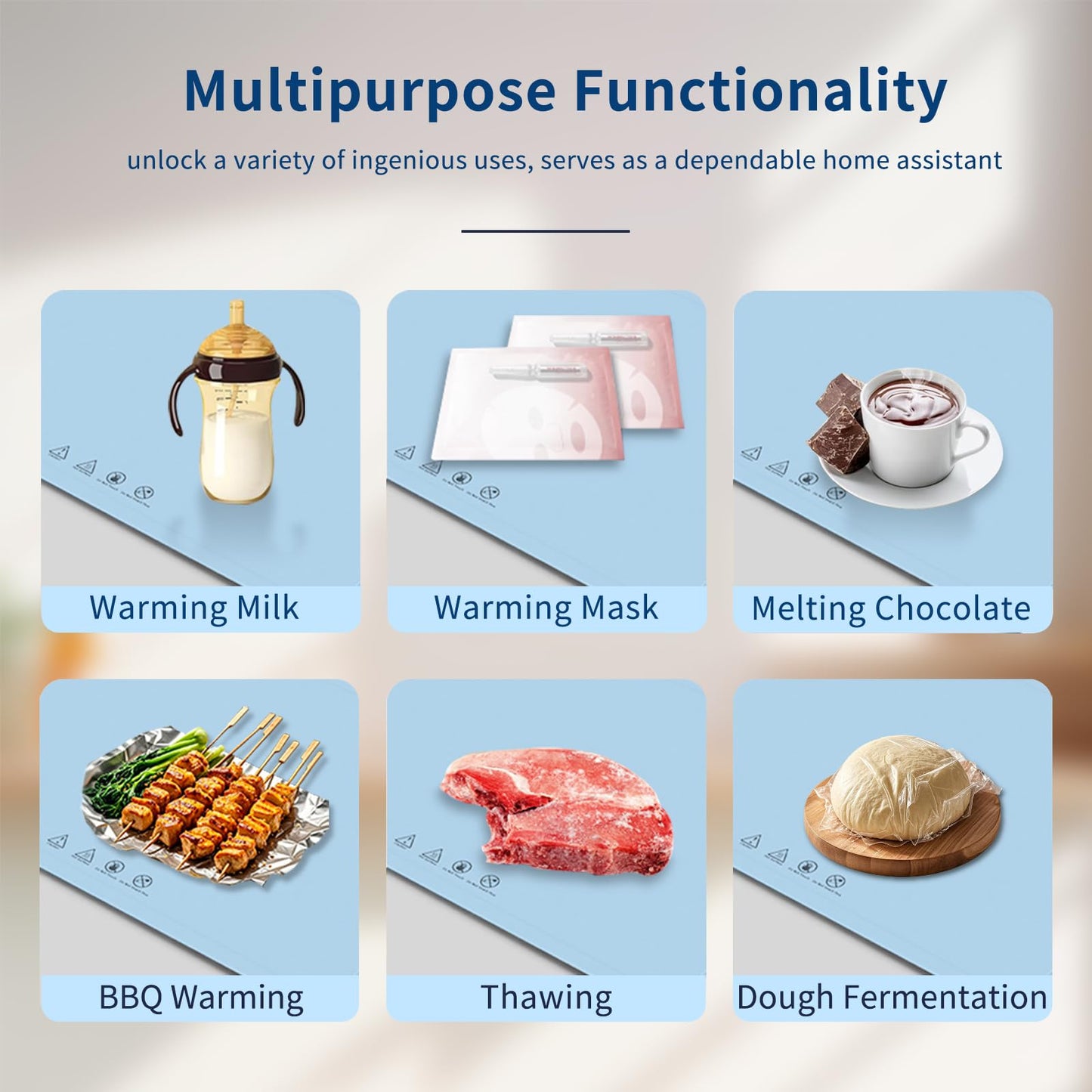 Fast Heating Warming Mat for Food with 3 Temperature and 4 Timer Settings,Waterproof Fexible Silicone Food Heating Mat with UV Coating Easy to Clean and Storage(Blue, 60x40CM)