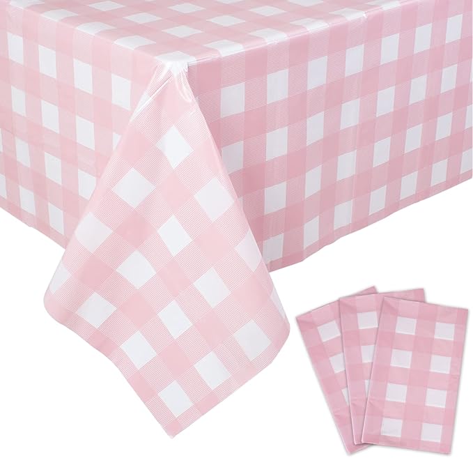 Kesfey 3 Packs Pink Gingham Tablecloth Pink and White Checkered Tablecloths 54 x 108 Inches Disposable Plastic Gingham Tab...