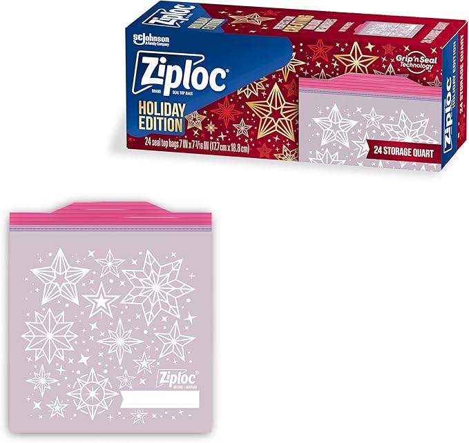 Ziploc Quart Food Storage Bags, Grip 'n Seal Technology for Easier Grip, Open, and Close, 24 Count, Holiday Designs