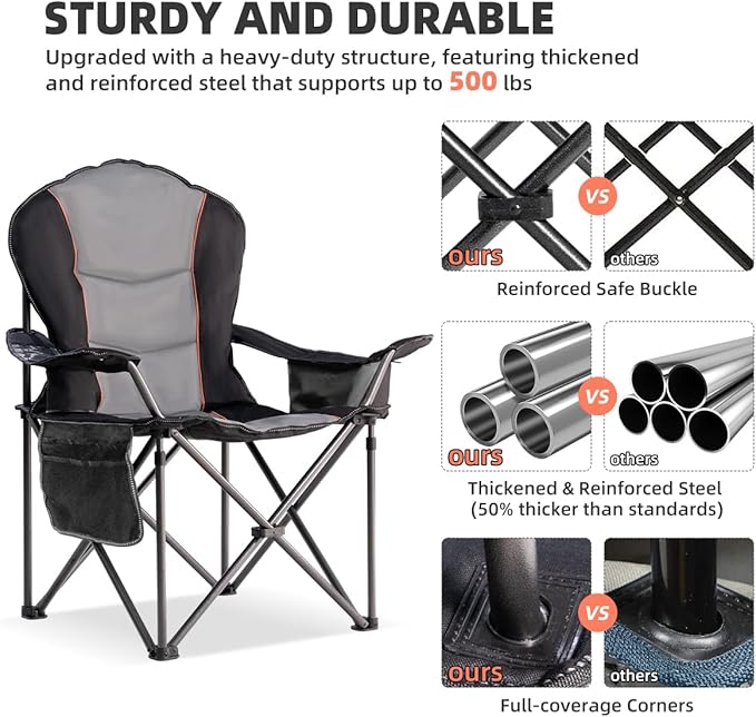 Foristrail Camping Chair Oversized Folding Outdoor Camping Chair with Cooler Bag, Cup Holder & Waterproof Phone Case, Portable for Hiking/Beach,500LB (Black & Light Gray)