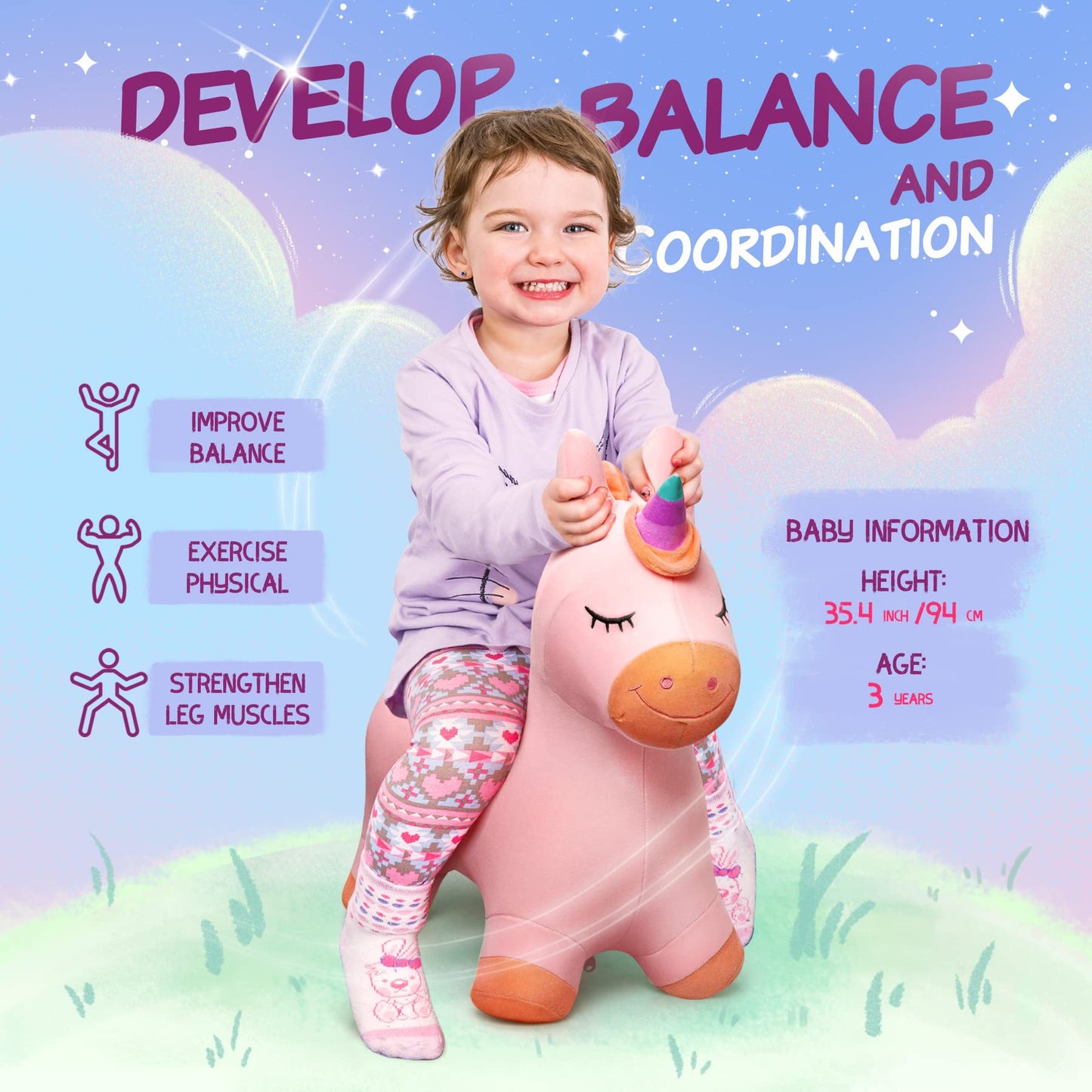EVERICH TOY Bouncy Horse Unicorn Toys, Inflatable Bouncing Animal Hopping Toys, Outdoor Indoor Ride on Bouncer, Boys Girls Birthday Gift for 18 Month 2 3 4 5 6 Year Old Kid- Plush Unicorn Toy