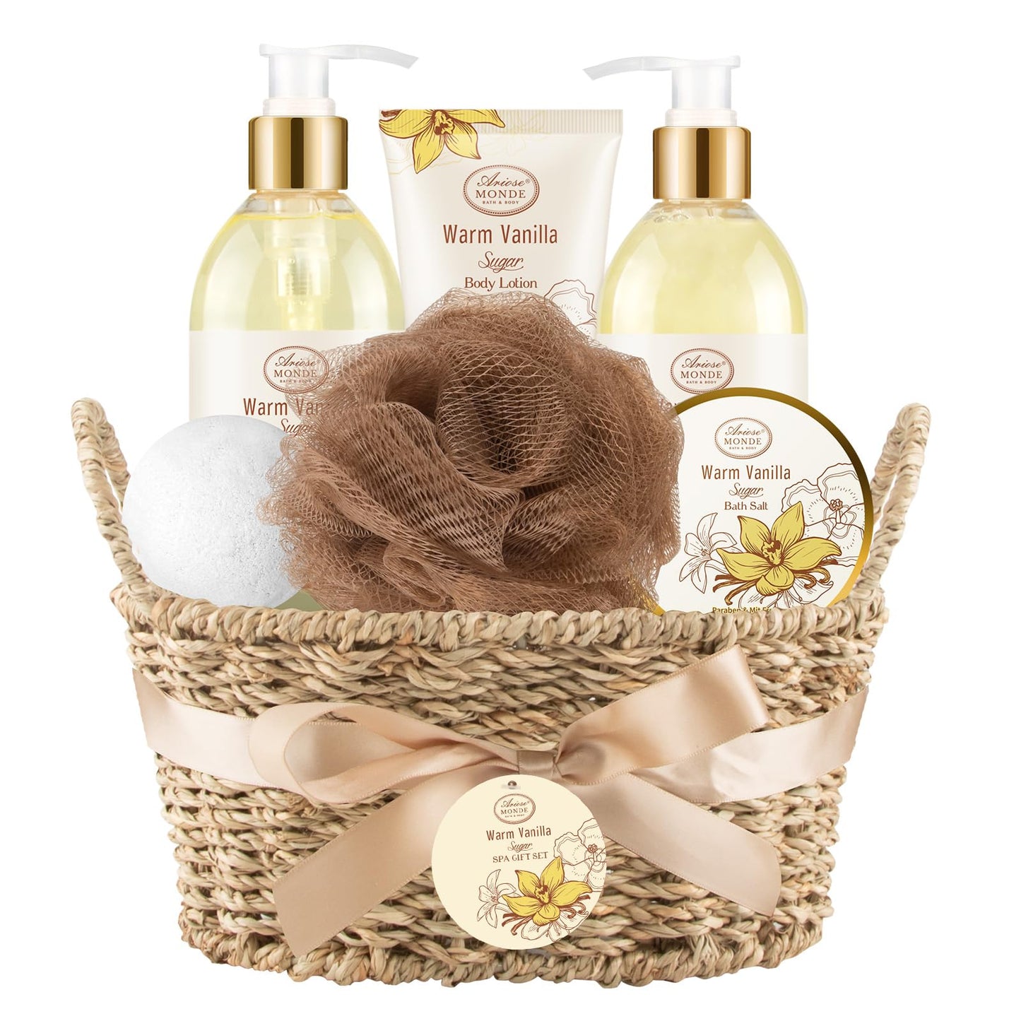 Bath and Body Warm Vanilla Sugar Spa Gifts for Women, with Shower Gel, Bubble Bath, Body Lotion, Bath Bomb, Bath Salt, Spa Basket Gift Set for Women, 7pcs Set Gifts