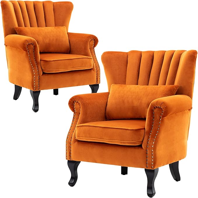 DM Furniture Velvet Accent Chairs Set of 2 with Arm Comfy Living Room Chair Mid-Century Modern Wingback Side Chair Single Sofa Couch for Bedroom Guest Room, Orange