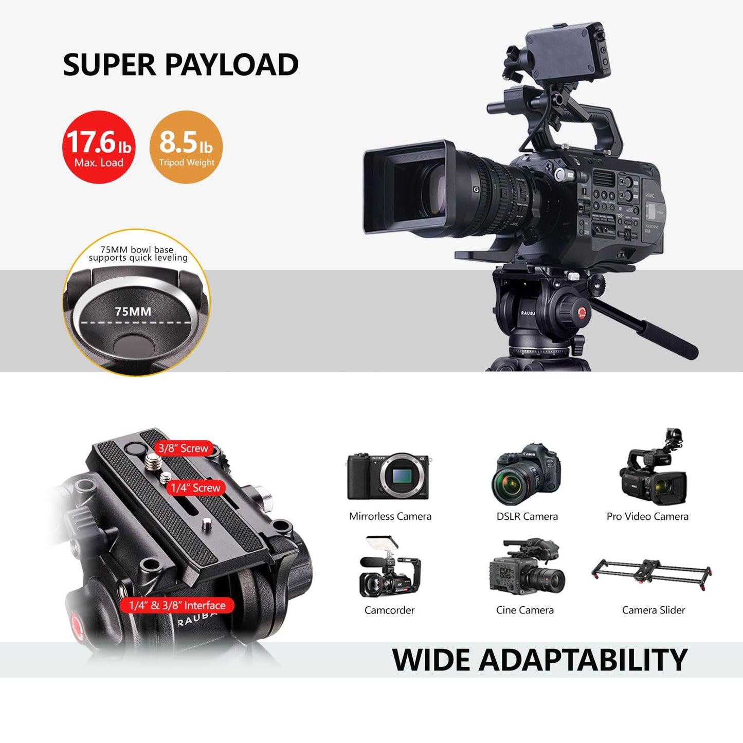 RAUBAY 70.8" Professional Heavy Duty Video Camera Tripod with Fluid Head, QR Plate for DSLR Camcorder, Max Loading 17.6lbs, Aluminum Twin Tube Leg with Metal Mid-Level Spreader DV-1 PRO