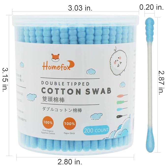 Blue Cotton Swabs Spiral - 200 Count Organic Cotton Buds Double Side Tightly Wrapped Cotton Tips Paper Stick Soft Gentle Lint-Free Cruelty-Free, Round & Spiral (Blue)