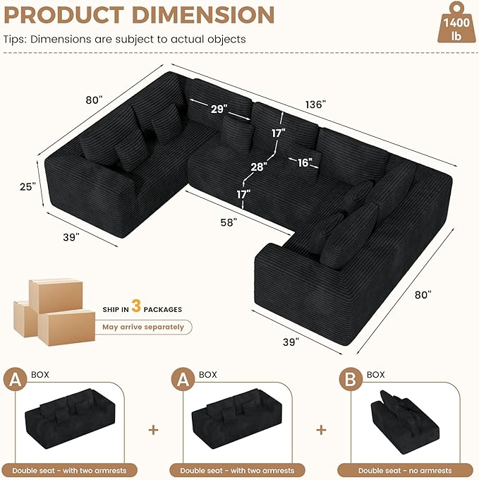 136'' Large Sectional Cloud Couches with Chaise, U Shaped Boneless Loveseat Sofa, No Assembly Required Deep Seat Modular Lounge for Living Room 3PCS Set, Bedroom(Black)
