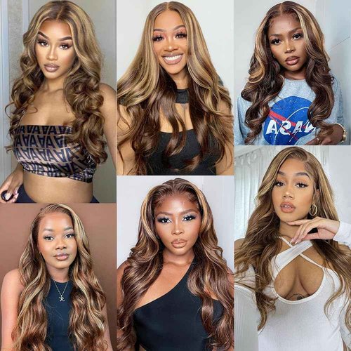 SKYDO Highlight Honey Blonde HD Lace Front Wig 180 Density 4/27 Ombre Body Wave Lace Front Wigs Human Hair Pre Plucked with Baby Hair 13x4 Lace Front Wigs for Women 30inch