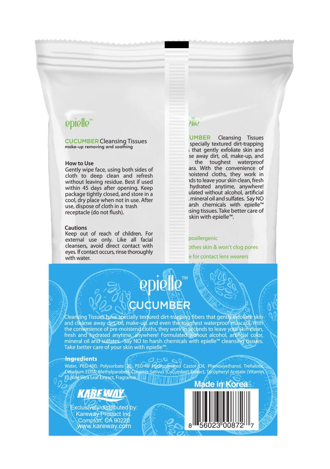 Epielle Cucumber Makeup Remover Wipes | 60 Count, 2 Pack | Gentle Cleansing Towelettes | Beauty Gift, Spa Day, Gift Set | Korean