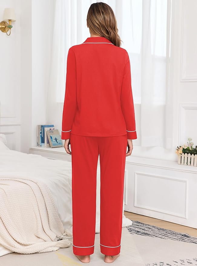 Veseacky 100% Cotton Pajamas for Women Set Long Sleeve Button Down Sleepwear Soft Pjs Lounge Sets with Pockets XS-XXL