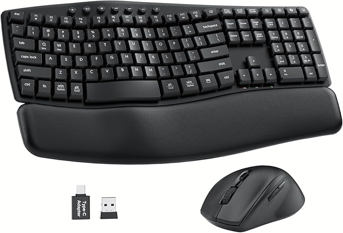 Ergonomic Wireless Keyboard and Mouse Combo, 30dB Quiet Full Size Keyboard Set with Wave Keys & Soft Palm Rest, Dual-Syste...