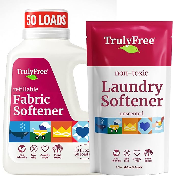 Truly Free Fabric Softening Conditioner for Clothes| Safe for Babies & Kids with Sensitive Skin | Plant-Based | Include 1 Refillable 50oz Bottle with Measuring Cap| Unscented Rinse(50 Loads)