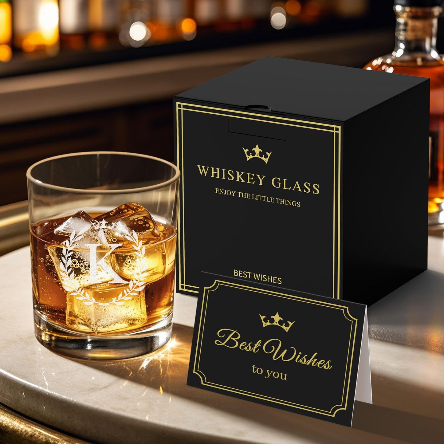 Personalized Whiskey Glasses Gifts for Men, Monogrammed Engraved A-Z 10.6 oz Rocks Glass Customized Gift, Unique Christmas Birthday Gifts for Men Him Dad Husband Brother Son (K)