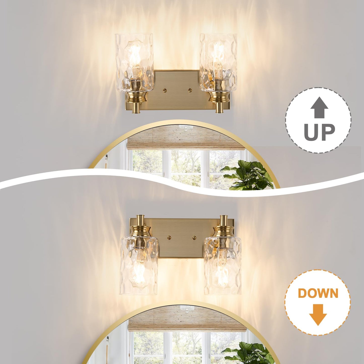 AMRUIPO 2 Light Bathroom Vanity Light Modern Brushed Gold Bathroom Light Fixtures Over Mirror with Hammered Glass Lampshade for Kitchen Hallway