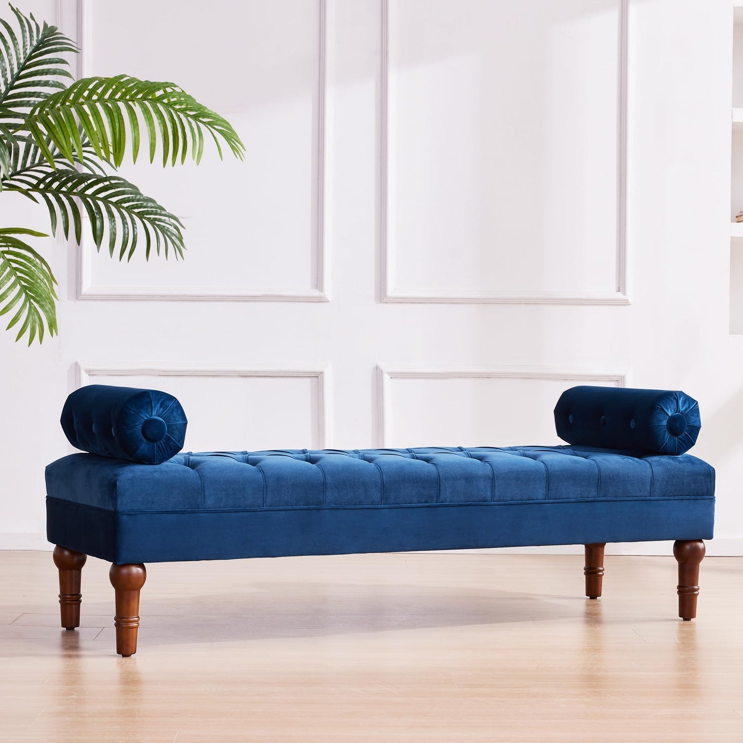 HUIMO 60.2" Velvet Bedroom Bench, Modern End of Bed Bench with Button-Tufted, Upholstered Large Ottoman Bench Seat, Entryway Benches for Living Room, Window, Closet (Blue)