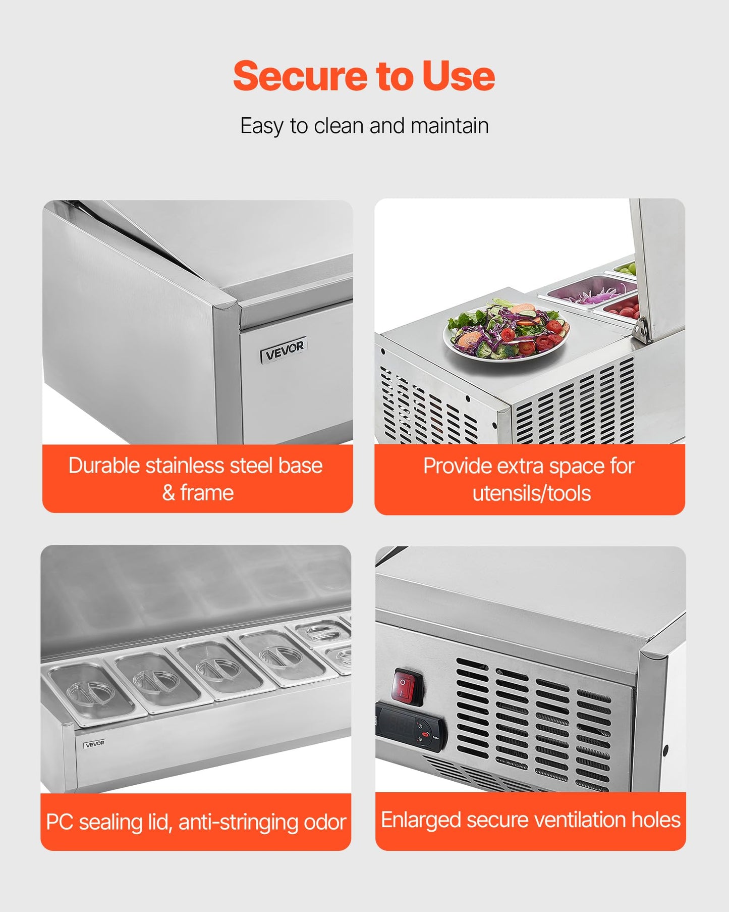 VEVOR Refrigerated Condiment Prep Station, 130 W Countertop Refrigerated Condiment Station, with Four 1/3 Pans & Four 1/6 Pans, 304 Stainless Body and PC Lid, Sandwich Prep Table with Stainless Guard