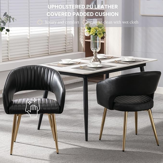 COMULER Faux Leather Dining Chairs Gold Legs, Modern Black PU Leather Dining Room Chairs with Arms Set of 6 Upholstered Accent Chair Armchair with Barrel Back for Kitchen Living Room