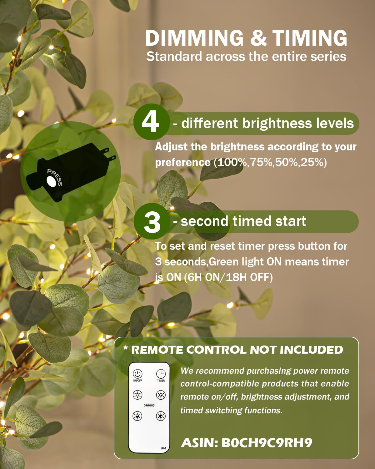 TYBEEU 6ft Lighted Eucalyptus Tree with 300 Warm White LED Lights for Holiday Decor - Dimmable, UL Certified, Waterproof - Ideal for Indoor and Outdoor Decoration