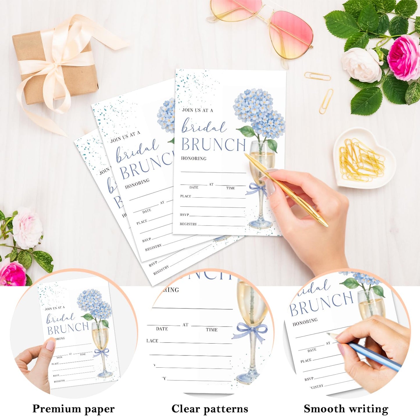 Blue Hydrangea Bridal Shower Invitations, Engagement Invitation Cards, Champagne Glass and Floral Invite For Bridal Shower, 25 Double-Sided Fill in Invitation With Envelopes Celebration Party Supplies