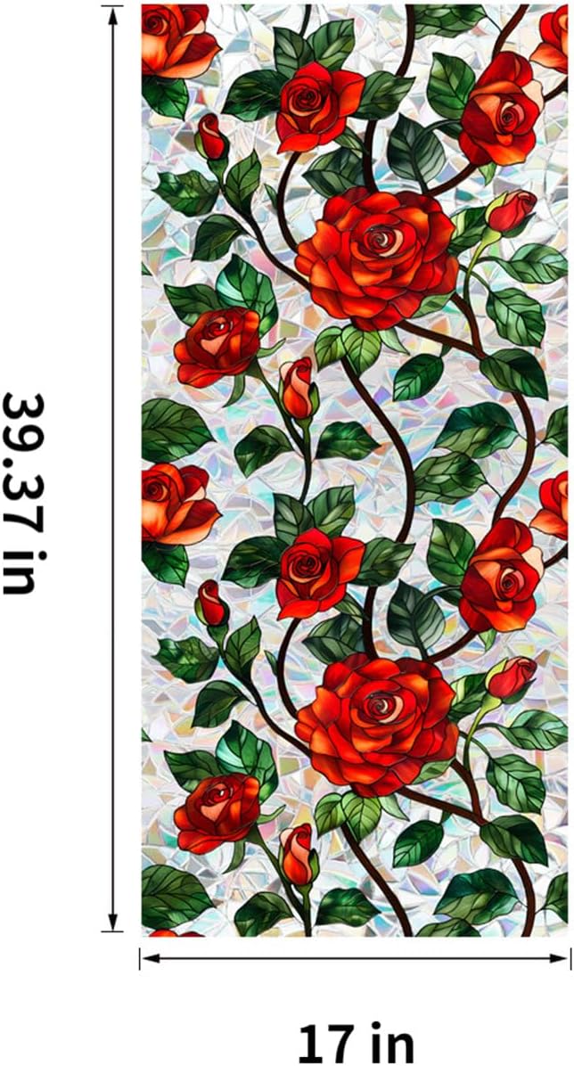 Stained Glass Window Film UV Resistant Window Privacy Film Rose Floral Privacy Rainbow Decals Living Room Bedroom Sun Blocking Decor Removable Static Cling Stickers 17 x 39.37 Inch