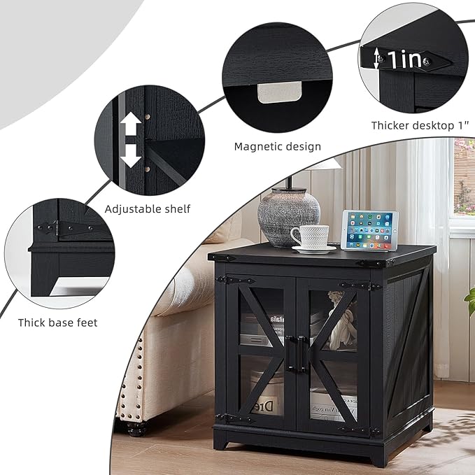 Joaxswe Farmhouse End Table with Charging Station, 24" Large Sofa Side Table with Glass Barn Door,Black Nightstand with Adjustable Storage Shelf,Wood Square Bedside Table for Living Room,Bedroom