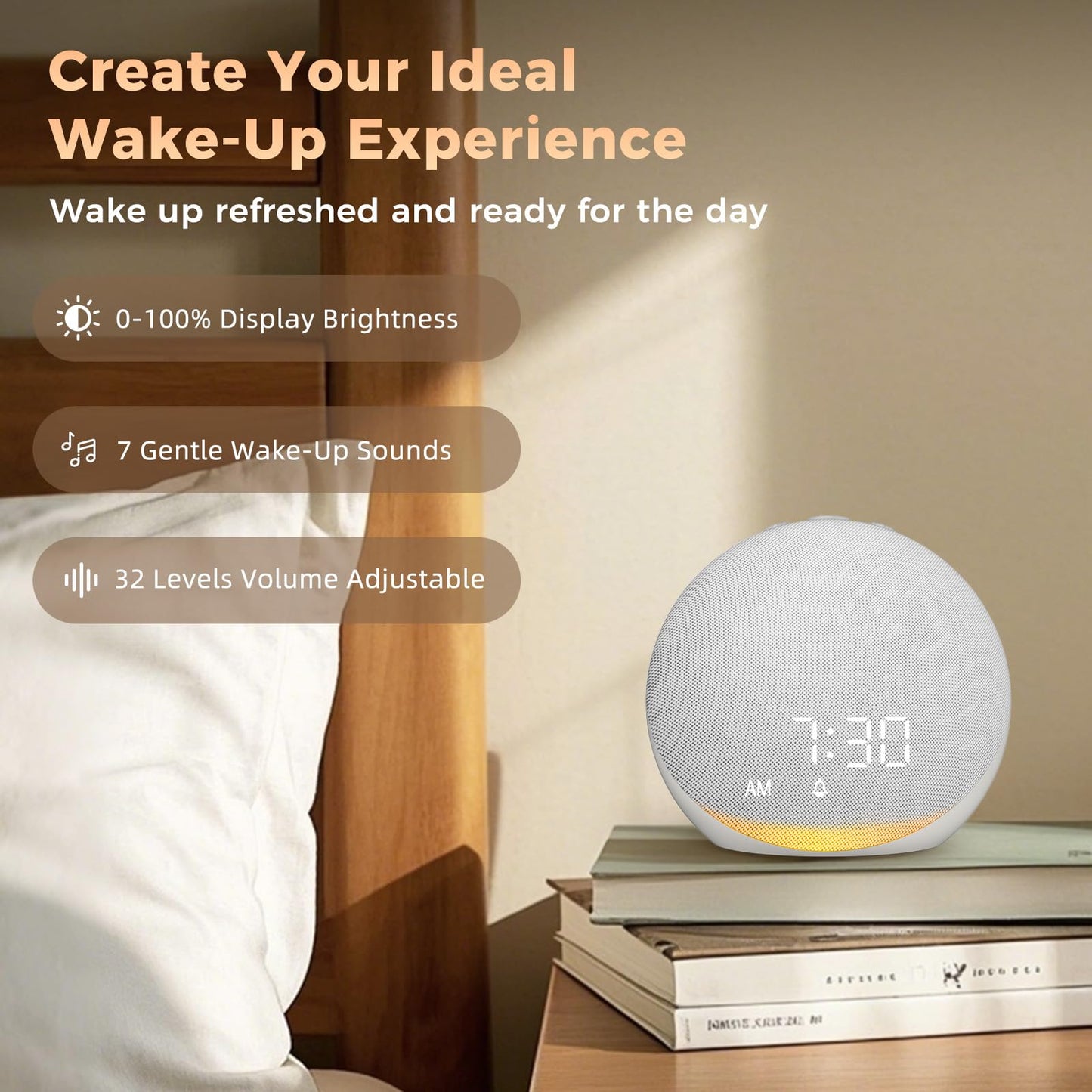 Sound Machine Alarm Clock for Bedroom: 25 Natural Sleep Sounds - White Noise Machine for Adults Kids Baby - Gentle Wake Up Alarm with Bluetooth Speaker - Frost White