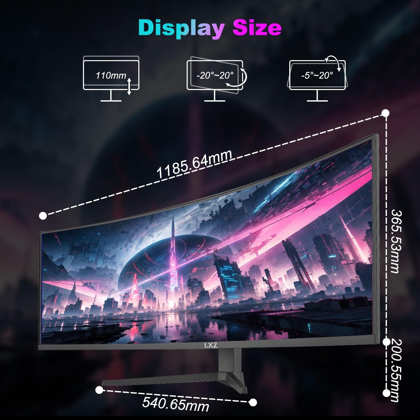 LXZ 49.5" Curved Gaming Monitor, 5120x1440 DQHD Ultrawide 32:9, 165Hz, 1ms MPRT, AMD FreeSync Premium, Height/Pivot/Swivel Adjustable, HDMI 2.1 & DP 1.4, VESA 75×75mm Mount Compatible