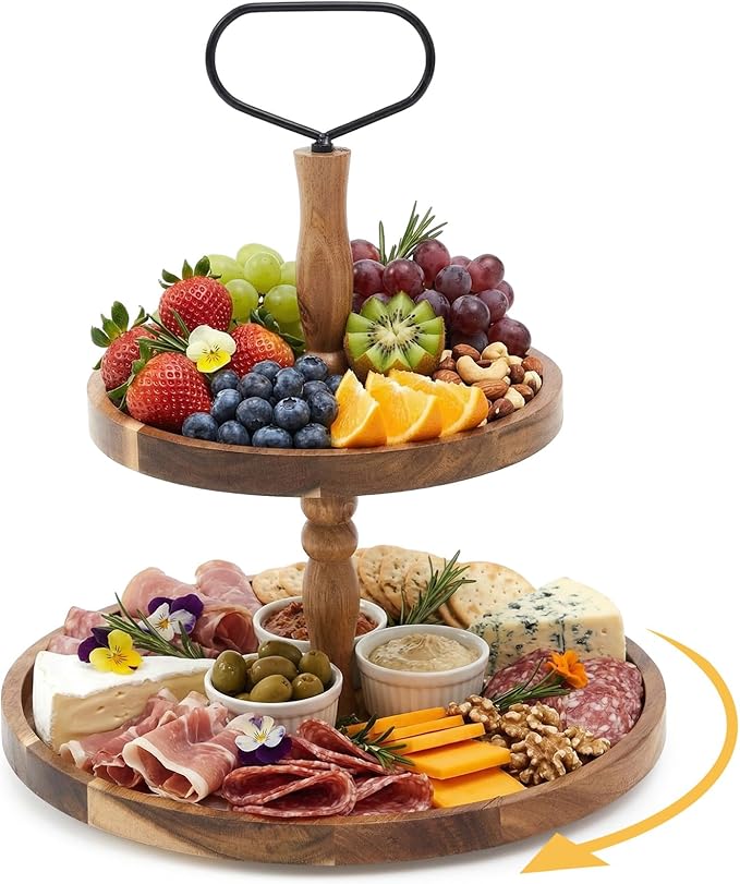 LemonRoad 2 Tiered 360° Rotatable Acacia Charcuterie Boards gift Large Wood Serving Tray Charcuterie cake stand,Perfect fo...